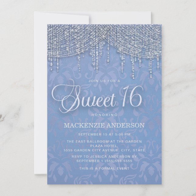 Invitation Bleu Argent Chaîne Lumières Damask Sweet 16 (Devant)