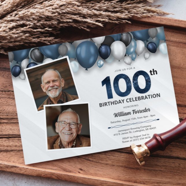 Invitation Bleu argent noir et blanc 100e anniversaire 2 phot (Blue Silver Black & White 100th Birthday 2 Photo Invitation)