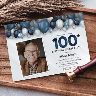 Invitation Bleu argent noir et blanc 100e anniversaire Photo