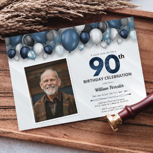 Invitation Bleu argent noir et blanc 90e anniversaire photo