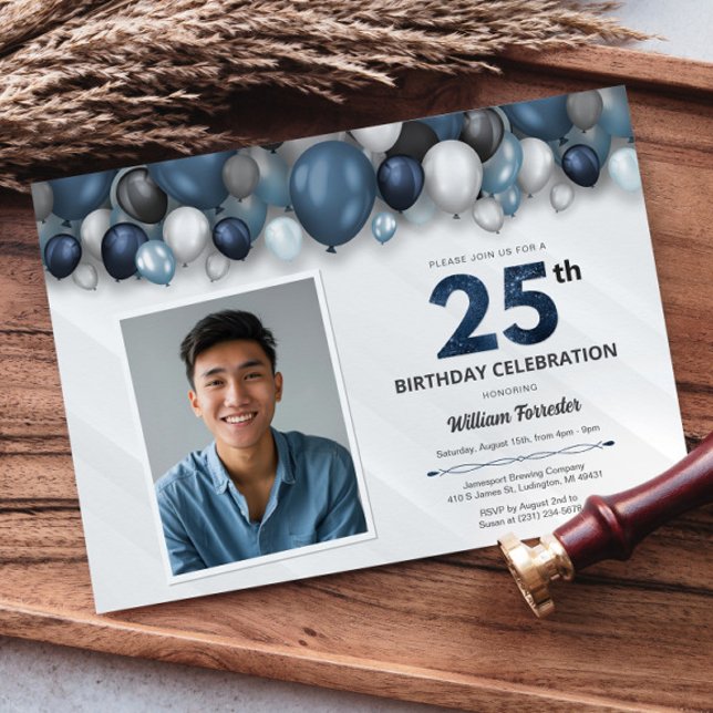 Invitation Bleu argent noir et blanc photo 25e anniversaire (Blue Silver Black & White 25th Birthday Photo Invitation)
