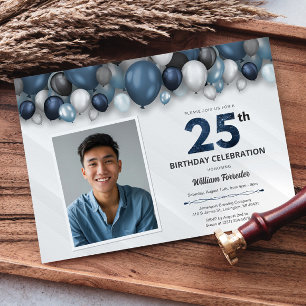 Invitation Bleu argent noir et blanc photo 25e anniversaire