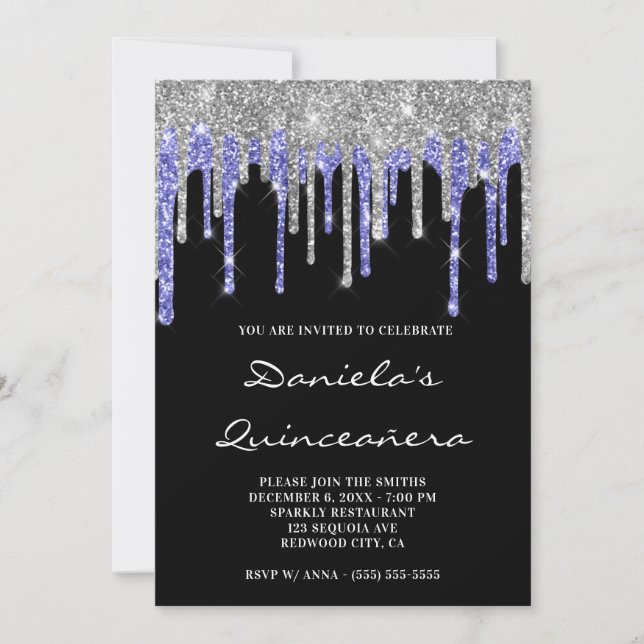 Invitation Bleu argent Parties scintillant gouttes Black Quin (Devant)
