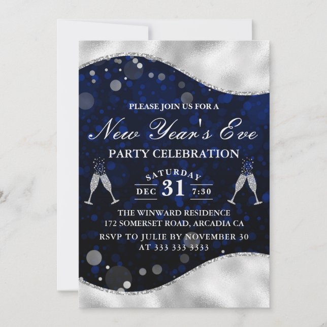 Invitation Bleu & Argent Vague Bordure Nouvel An de la fête d (Devant)
