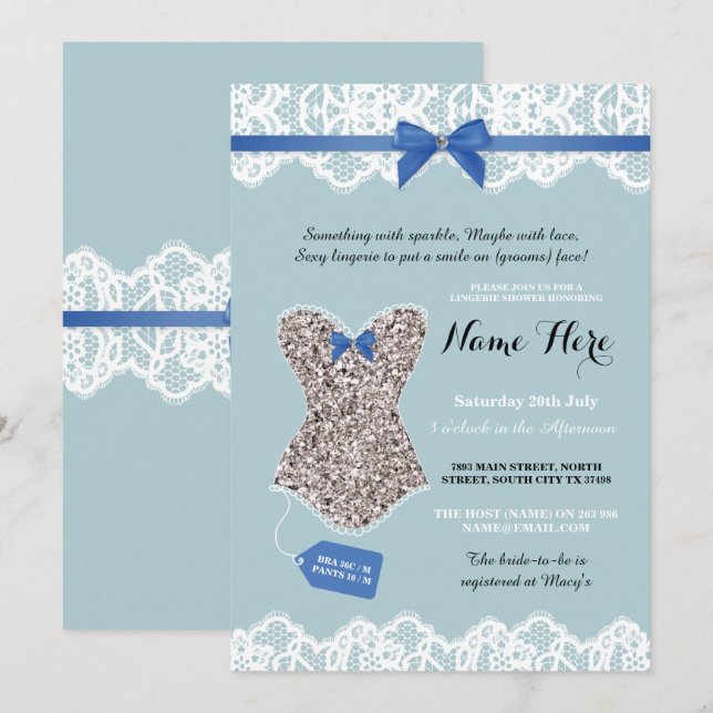 Invitation bleu argenté nuptiale de parties (Devant / Derrière)