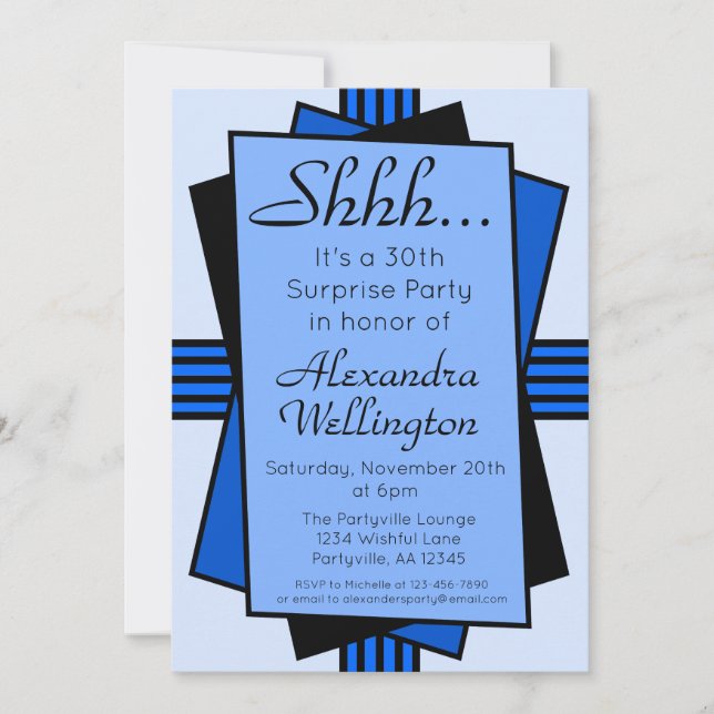 Invitation Bleu Art Déco Surprise fête Anniversaire (Devant)