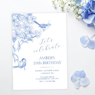 Invitation Bleu artistique botanique oiseau anniversaire