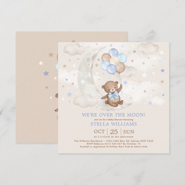 Invitation Bleu au-dessus de la lune Teddy Bear Balloons Baby (Devant / Derrière)