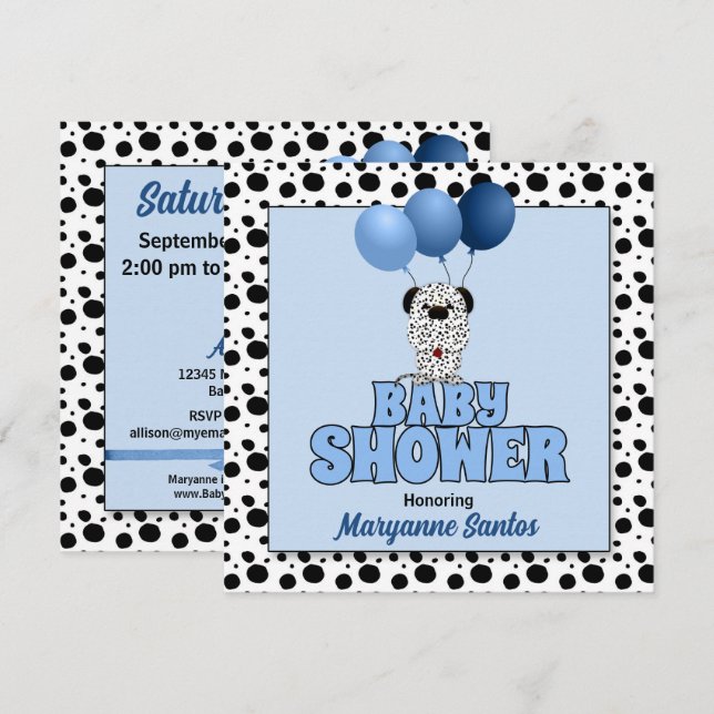 Invitation Bleu avec Baby shower à thème Marionnette dalmate (Devant / Derrière)
