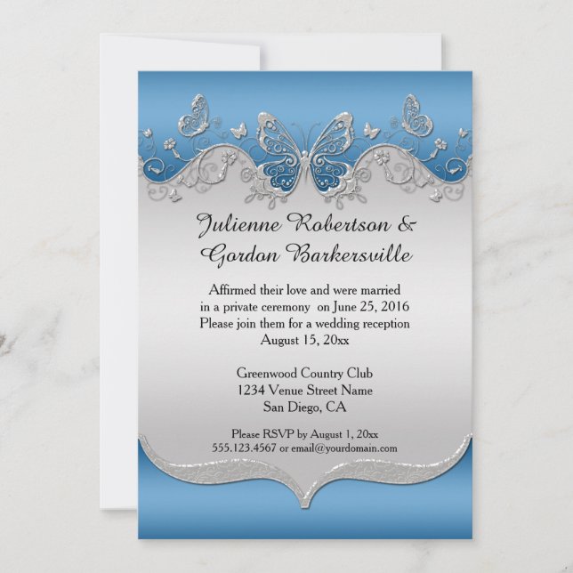 Invitation Bleu avec Papillons Argentés Ornés Après-Mariage (Devant)