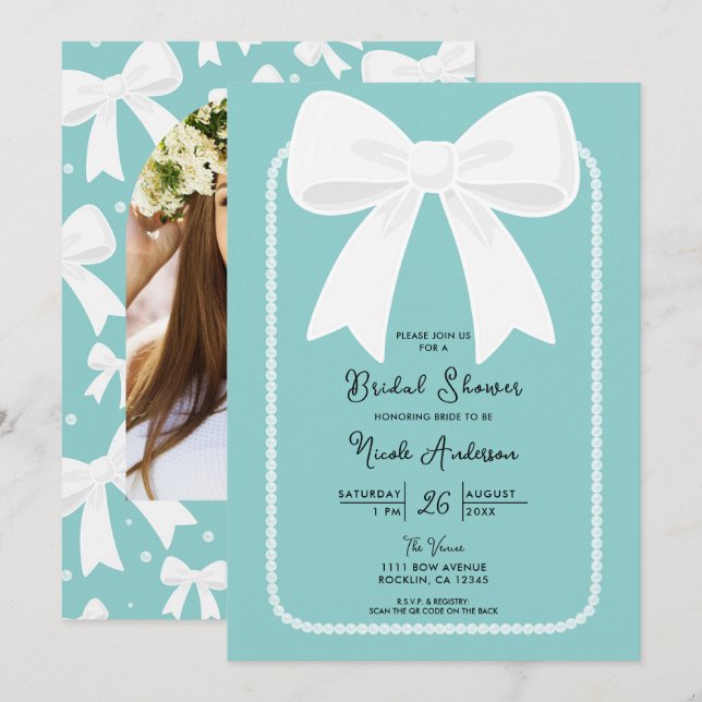 Invitation Bleu Avec Perles Blanc Vaches Coquette Fête des ma (Devant / Derrière)