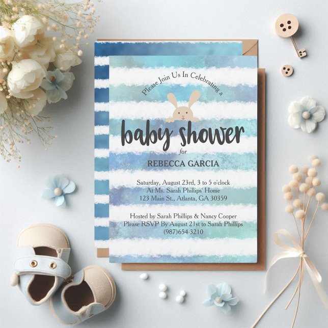 Invitation Bleu baby shower Bleu Aquarelle blanche Bleu (Créateur téléchargé)