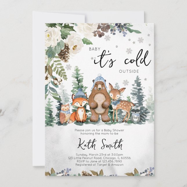Invitation Bleu Baby shower forestier d'hiver (Devant)