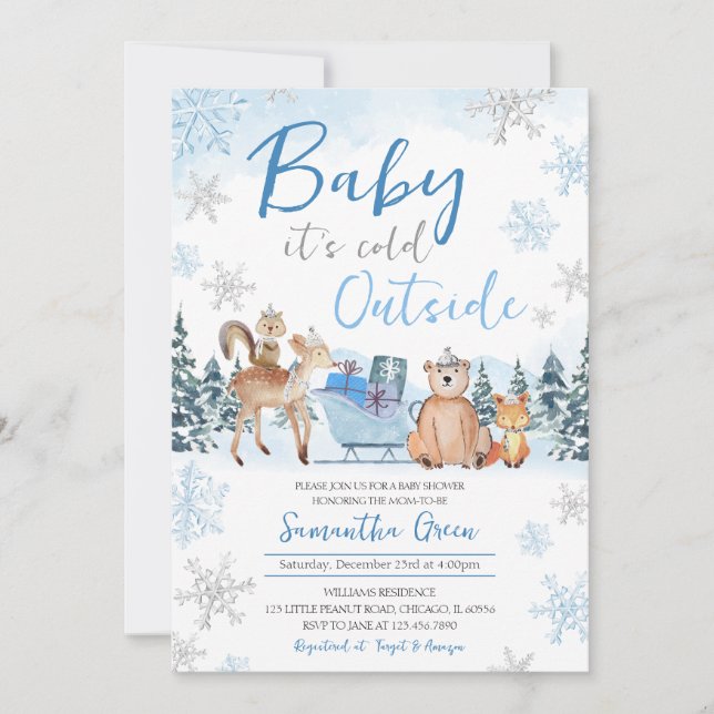 Invitation Bleu Baby shower forestier d'hiver (Devant)