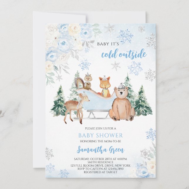 Invitation Bleu Baby shower forestier d'hiver (Devant)