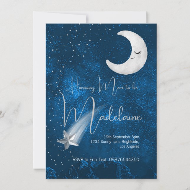Invitation Bleu baby shower Sur La Lune Mignonne (Devant)