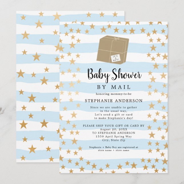 Invitation Bleu Bande + Gold Star Boy Baby shower par la post (Devant / Derrière)