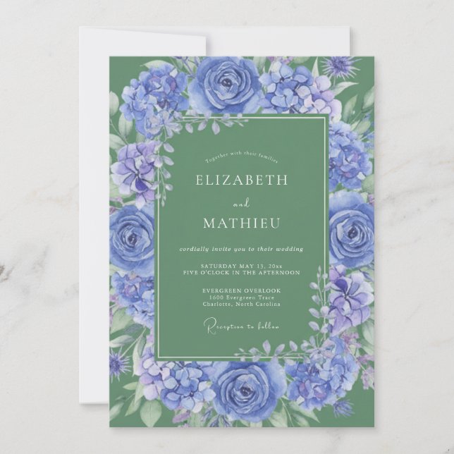 Invitation Bleu Barbeau Majestueux Mariage Botanique (Devant)
