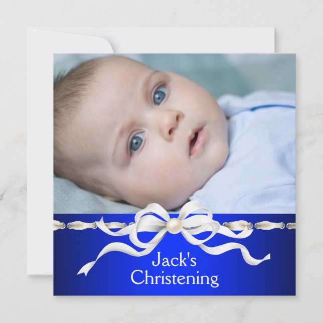 Invitation Bleu Bébé Bleu de la Marine Blanche Photo Christen (Devant)