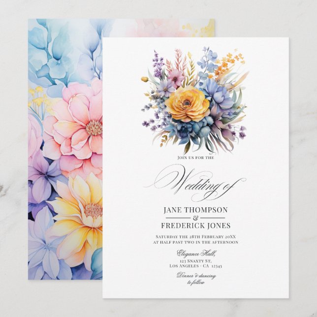 Invitation Bleu Bébé, crème au beurre Jaune, Mariage rose pas (Devant / Derrière)