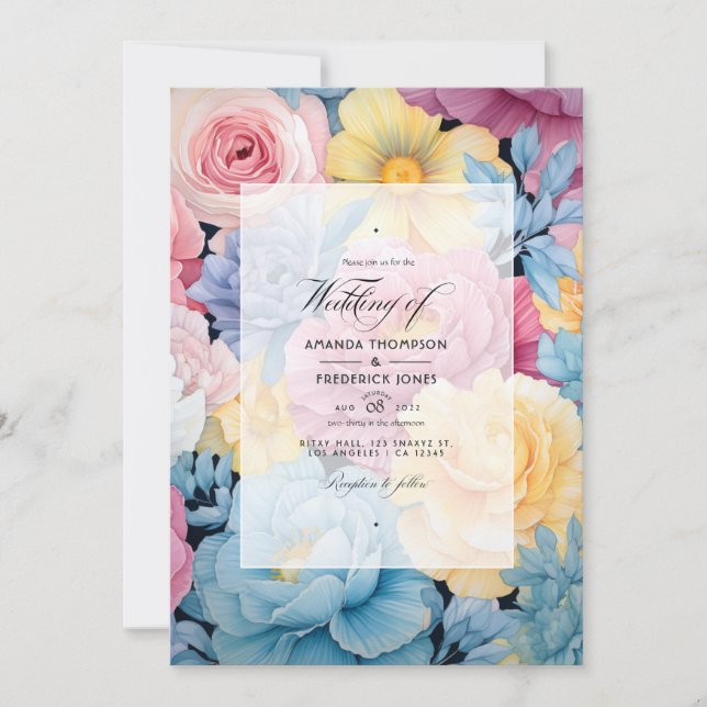 Invitation Bleu Bébé, crème au beurre Jaune, Mariage rose pas (Devant)