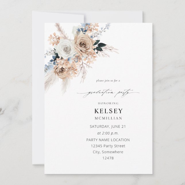 Invitation Bleu & Beige Boho Floral Graduation Party (Devant)