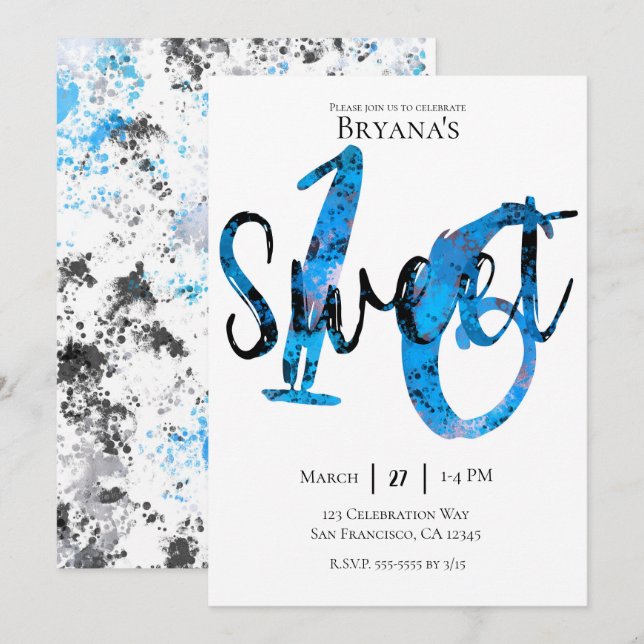 Invitation Bleu Black Argent Doux 16 Anniversaire (Devant / Derrière)