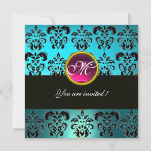 Invitation BLEU BLACK DAMASK MONOGRAM, améthyste rose turquas