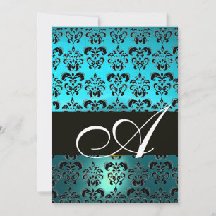 Invitation BLEU BLACK DAMASK MONOGRAM, brillant blanc turquas