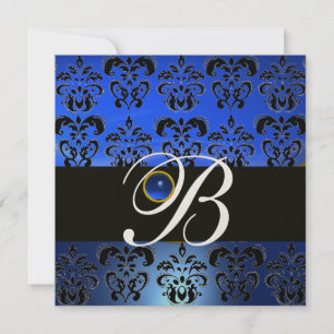 INVITATION BLEU BLACK DAMASK MONOGRAM SAPPHIRE GOLD METALLIC