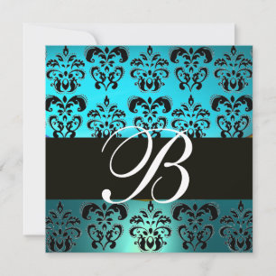 Invitation BLEU BLACK DAMASK MONOGRAM, turquase blanche