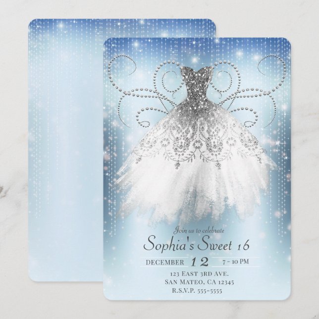 Invitation Bleu blanc Argent Princesse Robe Douce 16 Partie (Devant / Derrière)