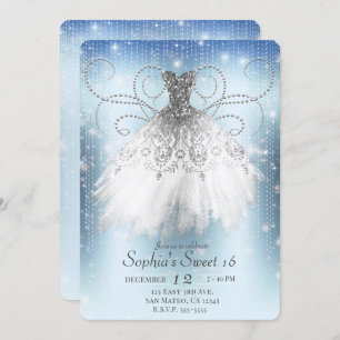 Invitation Bleu blanc Argent Princesse Robe Douce 16 Partie