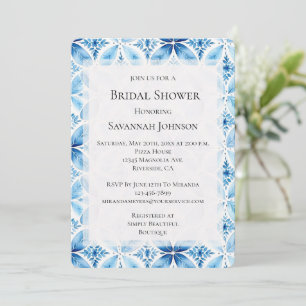 Invitation Bleu blanc Batik Fête des mariées florale