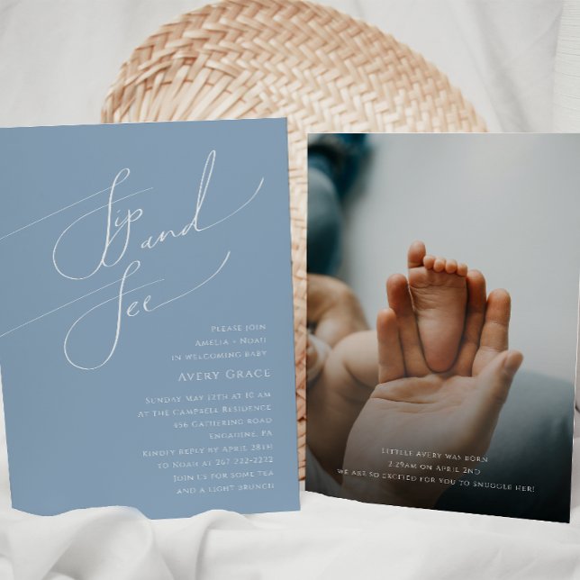 Invitation Bleu blanc | Bébé Sip et voir photo (Créateur téléchargé)