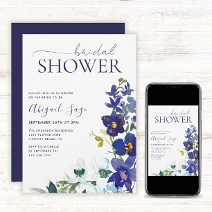 Invitation Bleu Blanc Boho Floral Fête des mariées Script ten