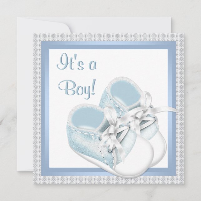 Invitation Bleu Blanc Chaussures Bleu Dentelle Bébé Garçon Do (Devant)