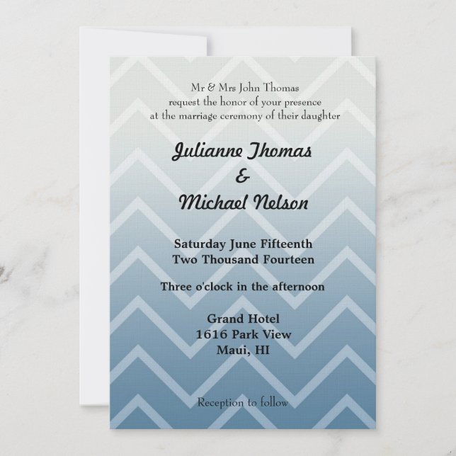 Invitation Bleu Blanc Chevron Zigzag Stripes Mariage (Devant)