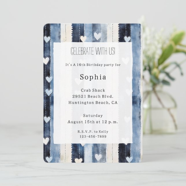 Invitation Bleu Blanc Denim Coeur rayures Anniversaire (Debout devant)