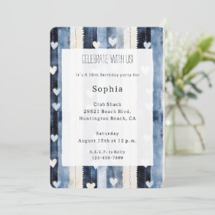 Invitation Bleu Blanc Denim Coeur rayures Anniversaire