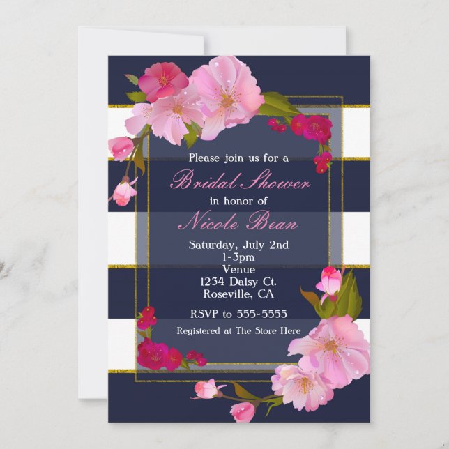 Invitation Bleu blanc et or Moderne Floral Chic Party (Devant)