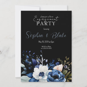 Invitation Bleu, blanc et vert Floral Black Engagement Party