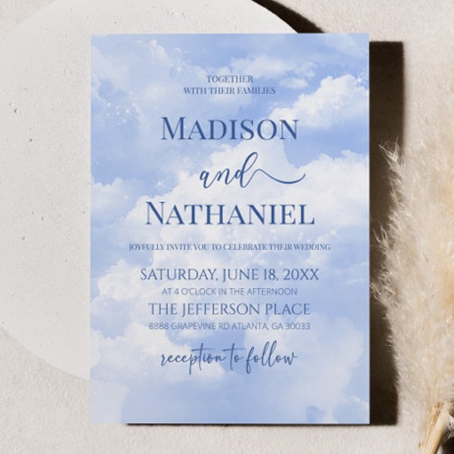 Invitation Bleu Blanc Étincelle Nuages Rêveur Élégant Mariage (Créateur téléchargé)
