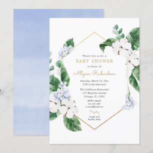 Invitation Bleu blanc fleuron doré baby shower