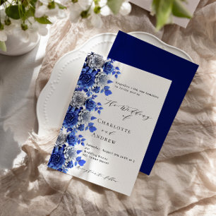 Invitation Bleu blanc fleurs script mariage de luxe