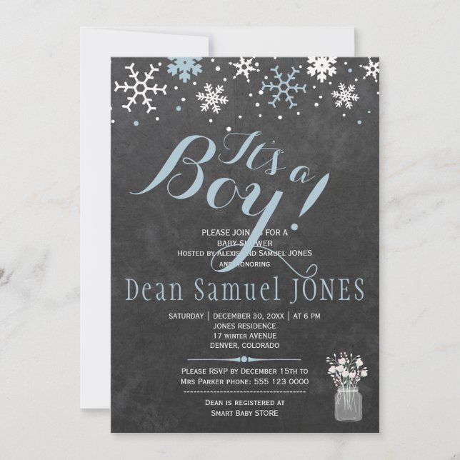 Invitation Bleu blanc flocon de neige chalkboard garçon baby  (Devant)