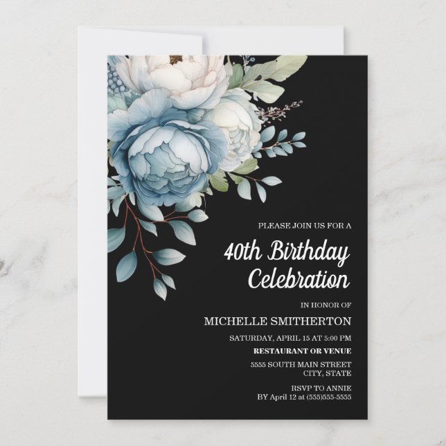 Invitation Bleu Blanc Floral Black Femmes 40e anniversaire (Devant)