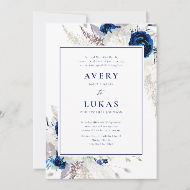 Invitation Bleu Blanc Floral Élégant Mariage (Devant)