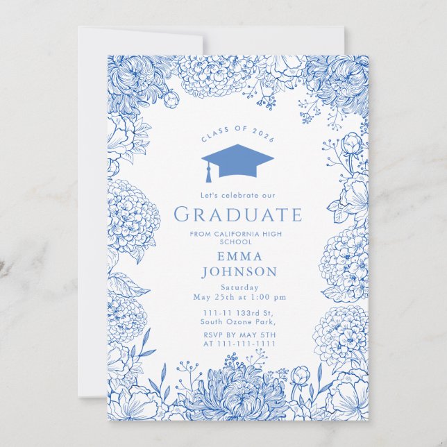 Invitation Bleu Blanc Floral Graduation Party (Devant)