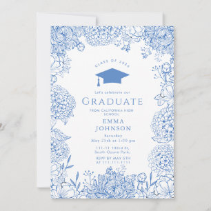 Invitation Bleu Blanc Floral Graduation Party